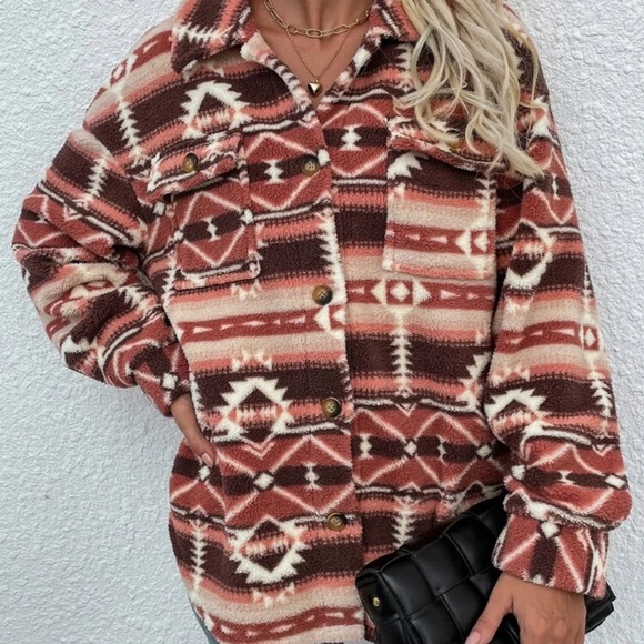 Jackets & Blazers - Geo tribal print teddy sherpa trucker jacket rust